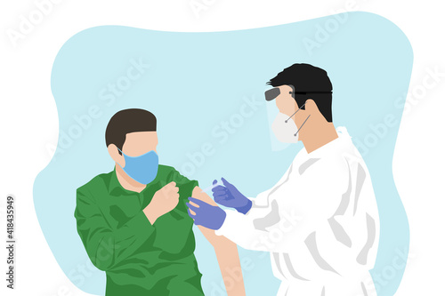 Doctor makes vaccination to male patient. Injecting vaccine, treatment of coronavirus vector illustration.
