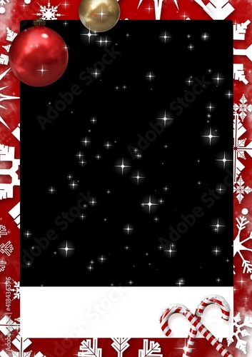 Christmas themed frame with baubles and candy sticks with stars and white strip with copy space