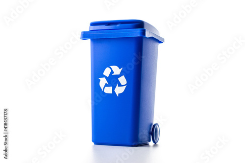Separation recycle. Blue dustbin for recycle paper trash isolated on white background. Bin container for disposal garbage waste and save environment.