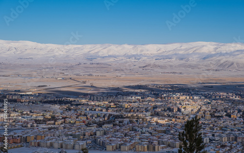 Panoramic view on Erzurum city from mountain skiing resort Palandoken. Turkey, january 2021