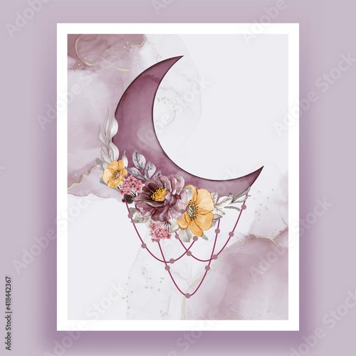 Watercolor half moon with pink purple flower