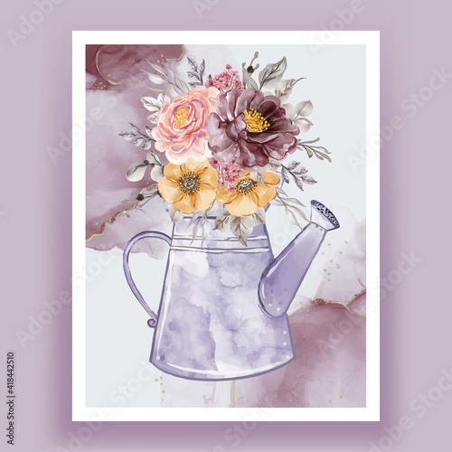 kettles with flowers bouquets pink purple orange watercolor illustration