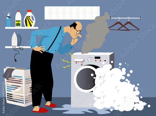 Perplexed man looking at a broken washing machine, smoke and foam come out of it, EPS 8 vector illustration