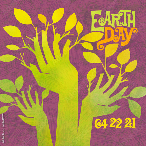 Earth Day retro illustration of raised hands sprouting branches and leaves. For posters, banners, social media, decor.