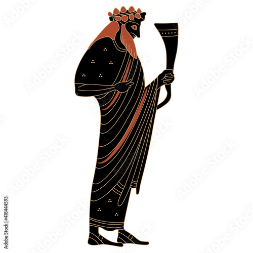 Ancient Greek god Dionysus or Bacchus holding rhyton of wine. Vase painting style. Isolated vector illustration.