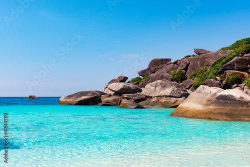 Landmark rock of Donald Duck Bay of Similan Island called Donald Duck Head Rock with Turquoise Andaman Sea in Summer, Phang-gna Province, Thailand