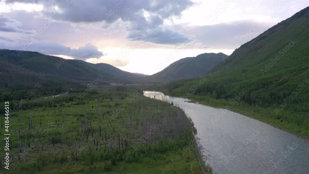 Aerial shot of river in green forest with mountain range, drone flying forward over natural landscape against sky during sunset - Great Northern Flats, MT