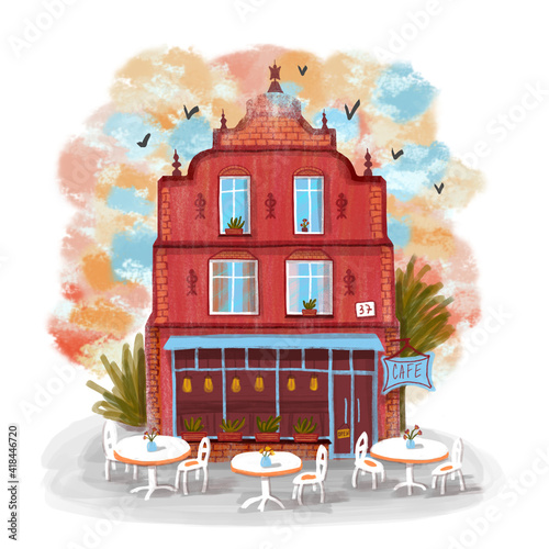 Illustration with red brick townhouse. Beautiful cartoon three floors European style building with cafe on the ground floor. Colorful cozy city place with flowers, tables, lamps