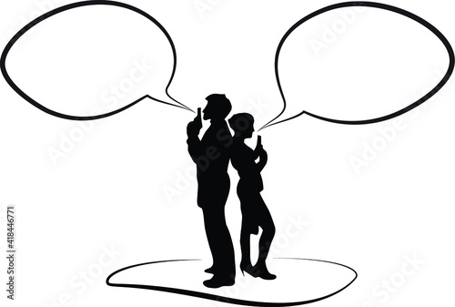 Silhouette of a comic with a couple dueling with bubble to write what they say 