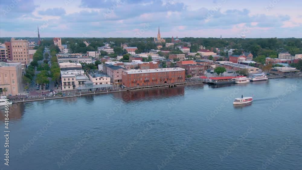 Aerial: Downtown Wilmington and ferry on the Cape Fear river, North Carolina, USA Aerial: Downtown Wilmington and ferry on the Cape Fear river, North Carolina, USA