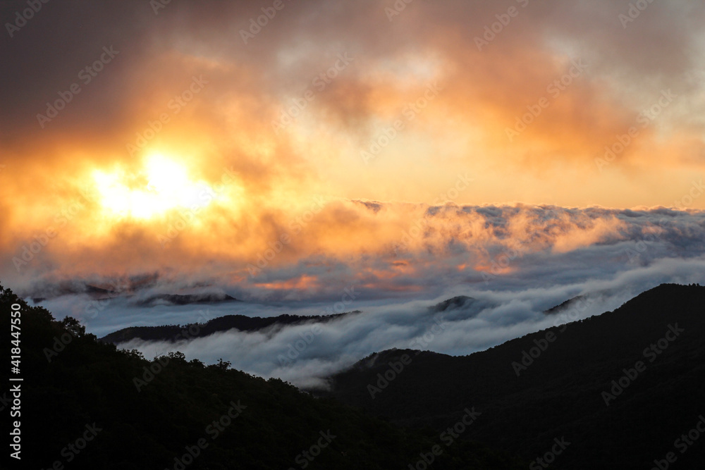 sunrise over the mountains on Blue Ridge Parkway in North Carolina