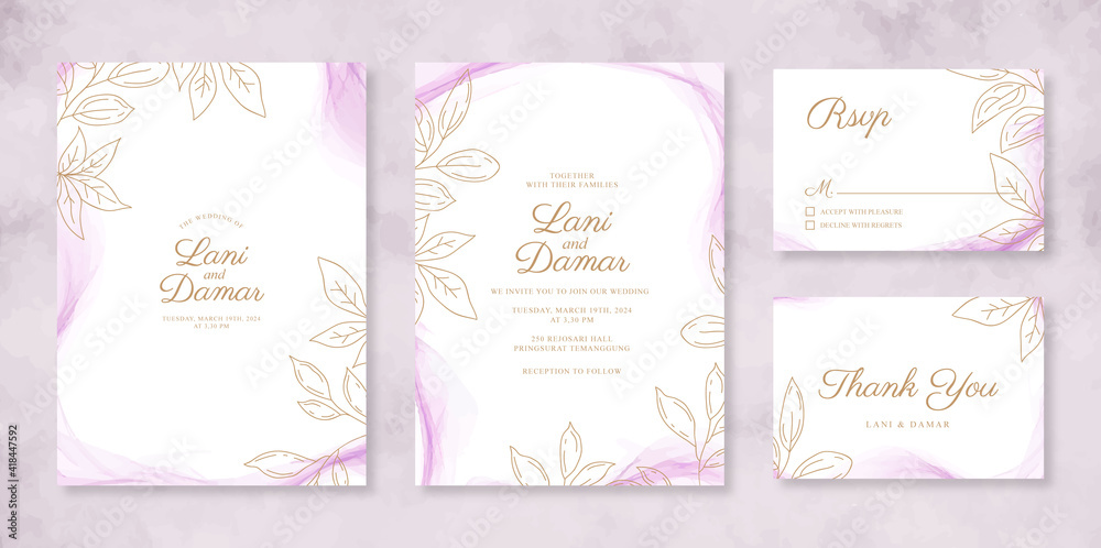 Beautiful wedding invitation set template with watercolor smoke and line art