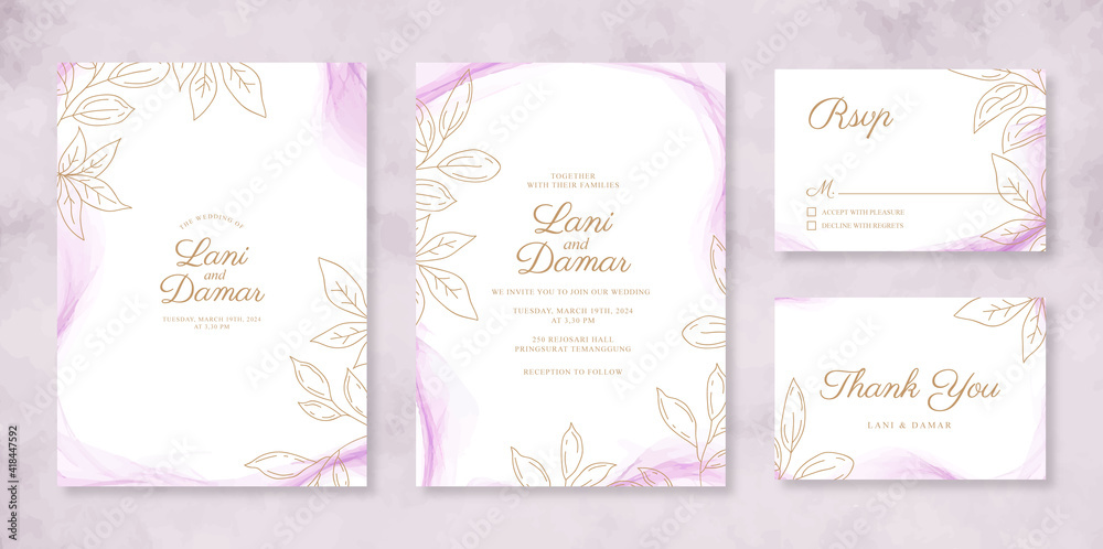 Beautiful wedding invitation set template with watercolor smoke and line art Beautiful wedding invitation set template with watercolor smoke and line art