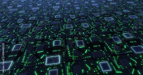 Abstract technology concept with moving lights and imitation of a printed circuit board on a green background. Internet technologies for business. 3D rendering