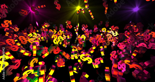 Golden 3d dollar symbols falling in neon lights falling. Finance event background. 3D render 3D illustration © flying creature