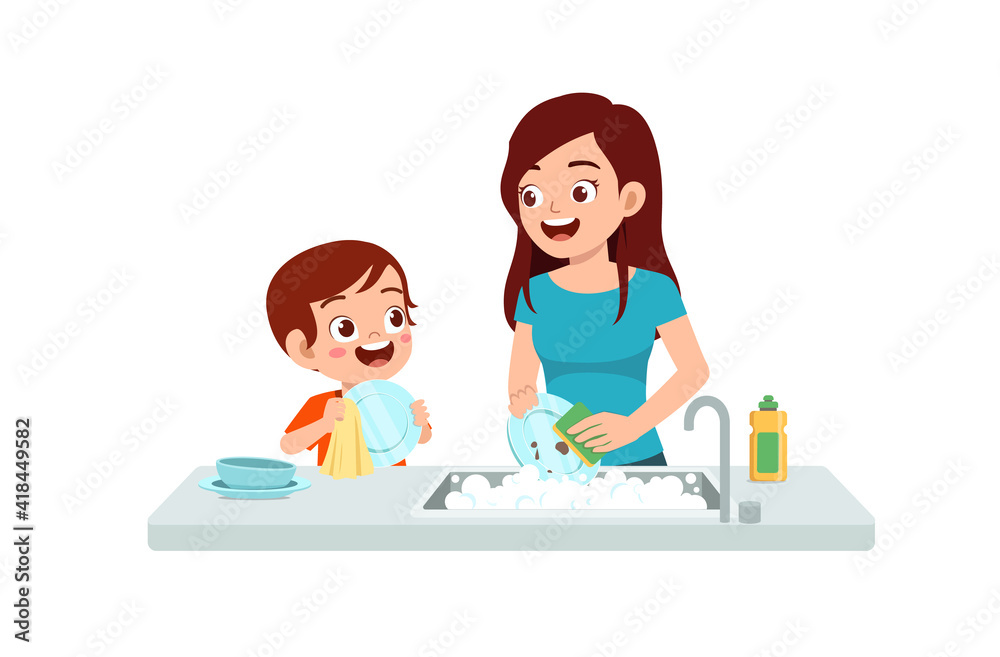 happy cute little boy washing dish with mother