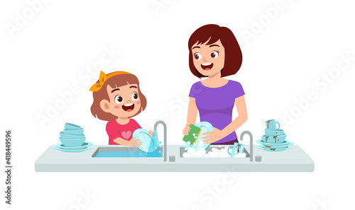happy cute little girl washing dish with mother