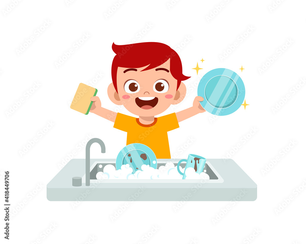 happy cute little boy washing dish in the kitchen happy cute little boy washing dish in the kitchen