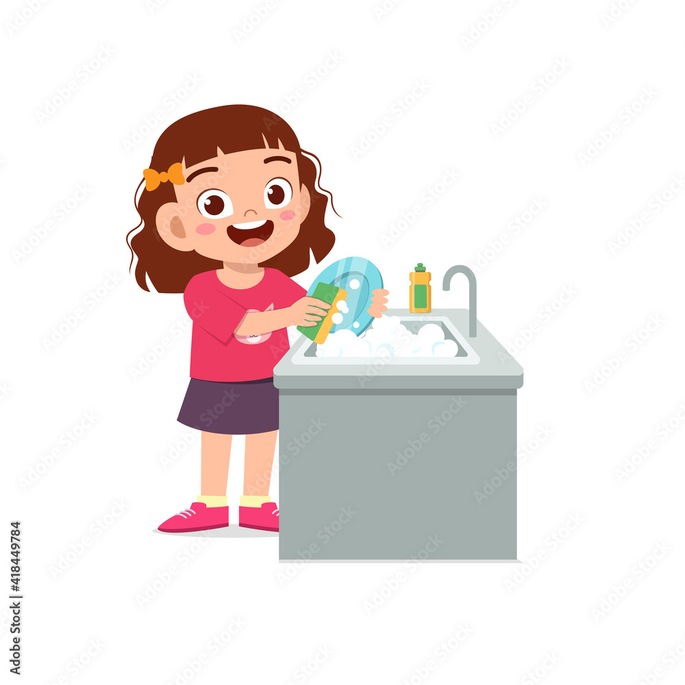 happy cute little girl washing dish in the kitchen happy cute little girl washing dish in the kitchen