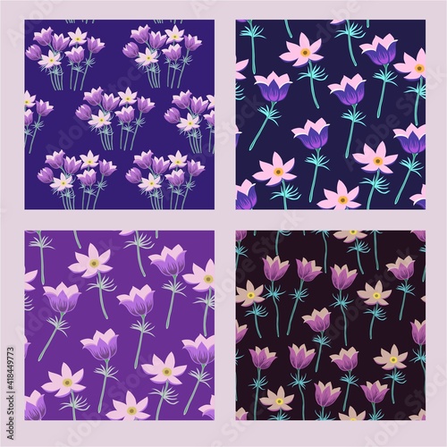 Set of 4 seamless patterns with pasque, pulsatilla flowers for fabric, scrapbooking and accessories.