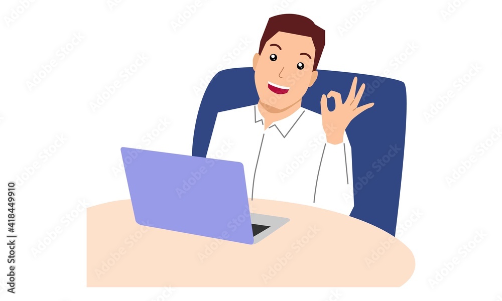 Man at his desk is working on the laptop computer. Vector flat illustration Man at his desk is working on the laptop computer. Vector flat illustration