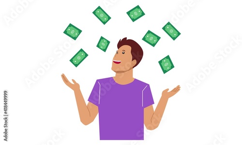 Man happy with a lot of dollar banknote flowing in the air. Vector flat illustration