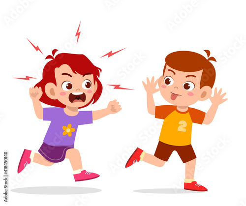 bad little boy run and show grimace face to angry friend