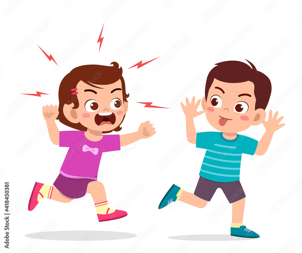 bad little boy run and show grimace face to angry friend bad little boy run and show grimace face to angry friend