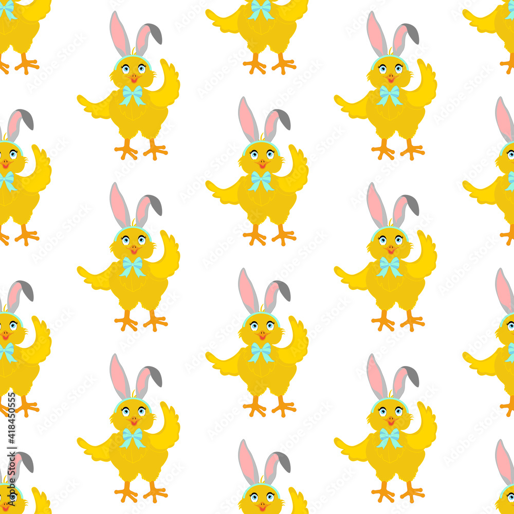 Naklejka premium Easter chick wearing bunny ears seamless pattern
