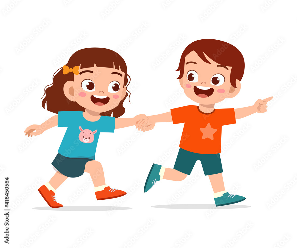 cute little kid boy and girl holding hand and walking together cute little kid boy and girl holding hand and walking together