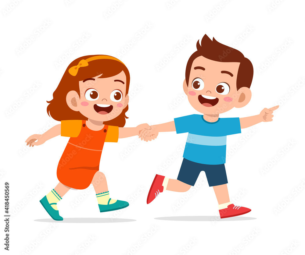 cute little kid boy and girl holding hand and walking together