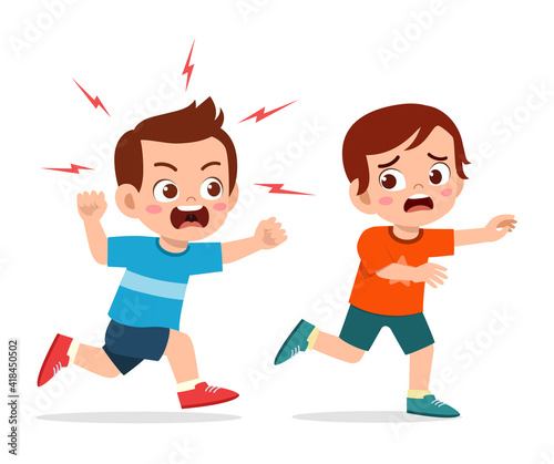 cute little boy get angry and chase scared friend