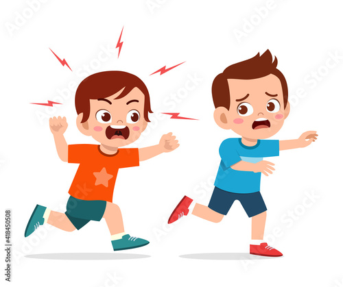 cute little boy get angry and chase scared friend