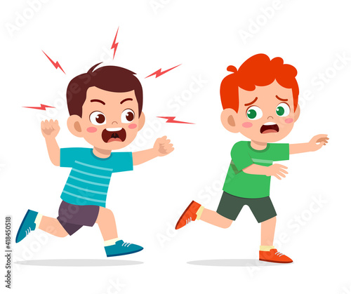 cute little boy get angry and chase scared friend