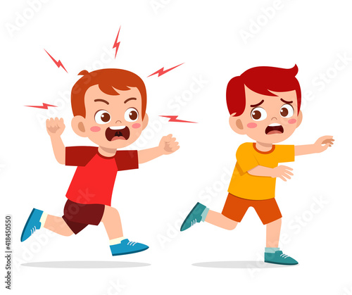 cute little boy get angry and chase scared friend