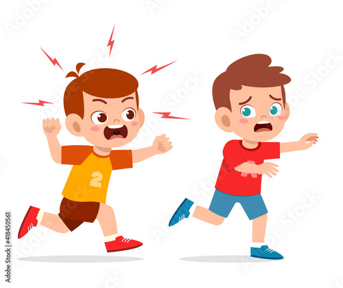 cute little boy get angry and chase scared friend
