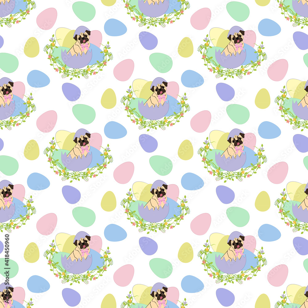 Easter Pug wearing bunny ears seamless pattern Easter Pug wearing bunny ears seamless pattern