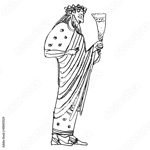 Ancient Greek god Dionysus or Bacchus holding rhyton of wine. Hand drawn linear doodle rough sketch. Black silhouette on white background.