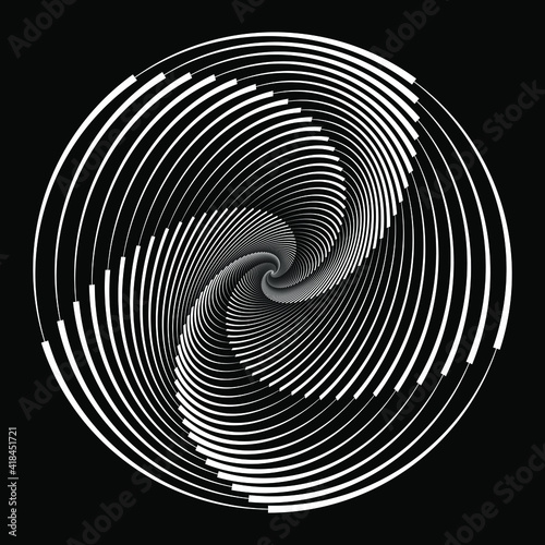 White abstract rotated speed lines in spiral form. Geometric art. Trendy design element for frame, logo, blackout tattoo, symbol, web, prints, posters, template, pattern and abstract background