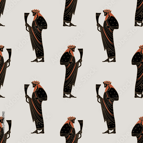Seamless ethnic pattern with ancient Greek god Dionysus or Bacchus holding rhyton of wine. Vase painting style. 