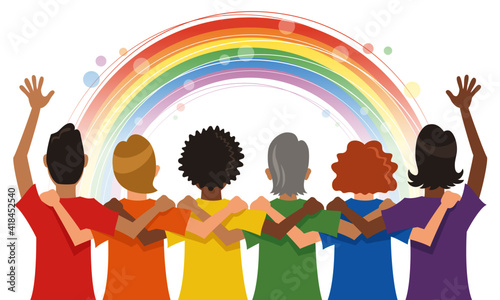 Concept of pride, rainbow, LGBTQ. Diverse people wearing colorful t-shirts arms around each other's shoulders from back. Vector illustration in flat cartoon style.
