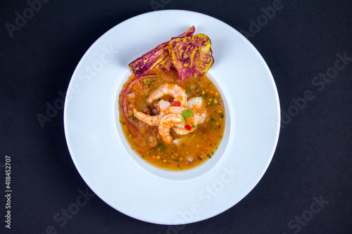 delicious shrimps of Ecuadorian food, shrimp cebiche with sweet potato