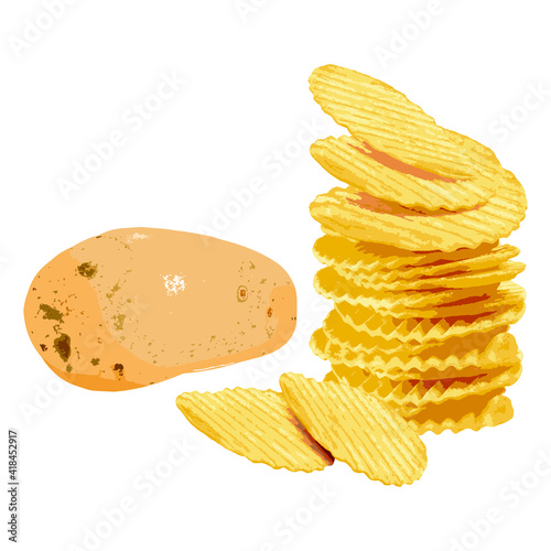 Potato chips with Potato, 3D illustration Vector.