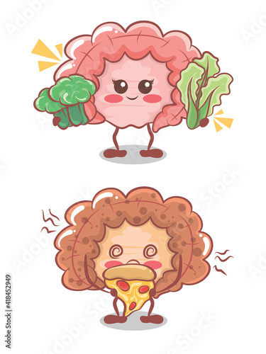 cute intestine eating heathy and unhealty food. cartoon