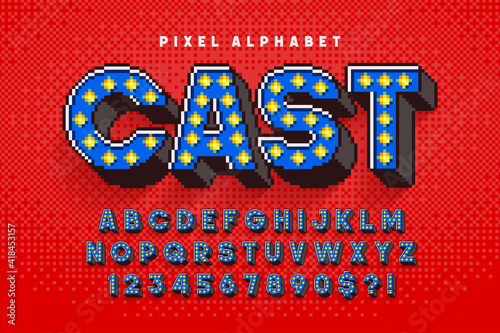 Pixel Broadway show alphabet design, stylized like in 8-bit games.