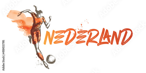 Nederland Women's Soccer National Team Vector Design. Female Player Running. Typographic Layout. Lettering Sport Logo.