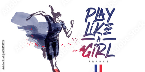 France Women's Soccer National Team Vector Design. Female Player Running. Typographic Layout. Lettering Sport Logo.