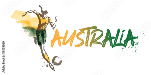 Australia Women's Soccer National Team Vector Design. Female Player Running. Typographic Layout. Lettering Sport Logo.