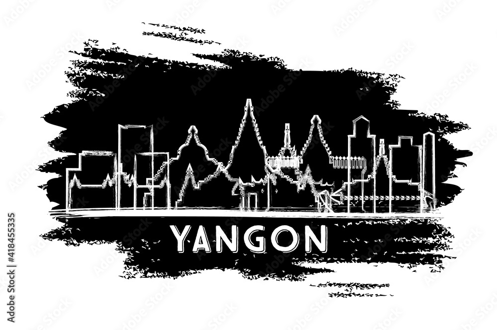 Yangon Myanmar City Skyline Silhouette. Hand Drawn Sketch.