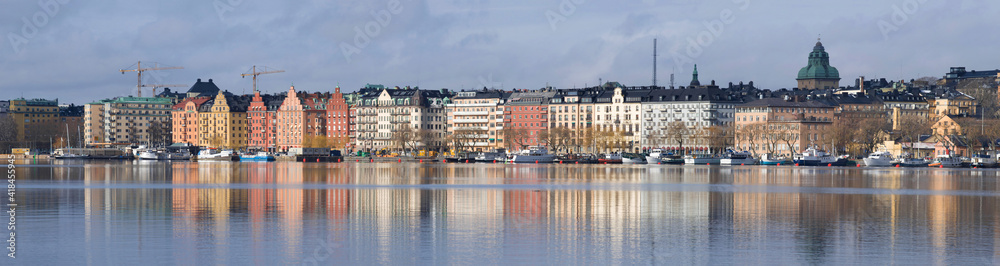 Panorama of the Norr-Malarstrand embankment on a cloudy March day, Stockholm